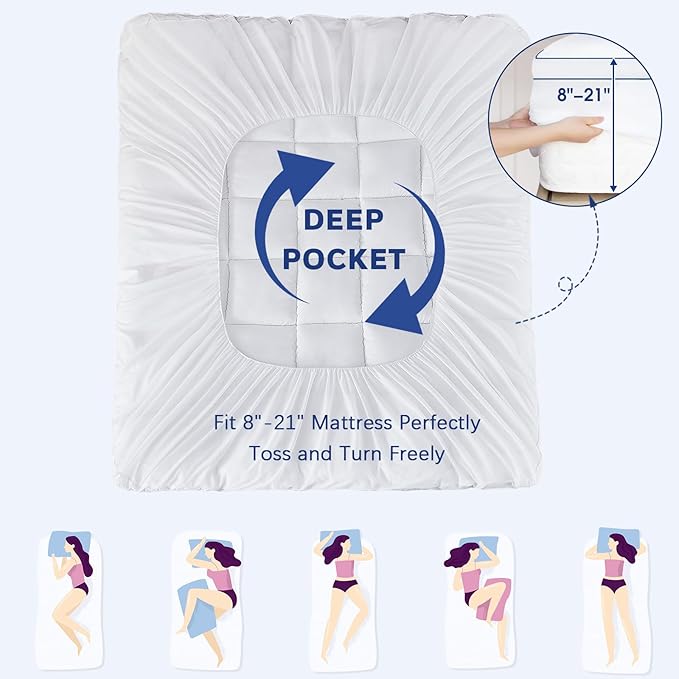 CYMULA Full Size Mattress Topper, Cooling Mattress Pad Cover, Extra Thick Pillow Top Mattress Topper with 8-21 Inch Elasticated Deep Pockets, Plush Down Alternative Fill Mattress Protector