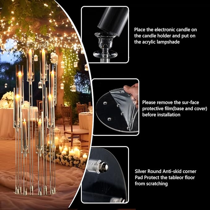 20PCS Acrylic Candelabras Centerpieces for Wedding,Clear 8 Arm Candlesticks Holder with Shade for Tall Valentines Day Party Christmas Halloween Centerpiece Event Candles,Fit 0.8" LED Candles
