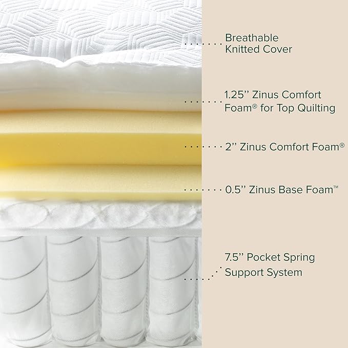 ZINUS 12 Inch Euro Top Pocket Spring Hybrid Mattress, Queen, Pressure Relief, Pocket Innersprings for Motion Isolation, Mattress in A Box