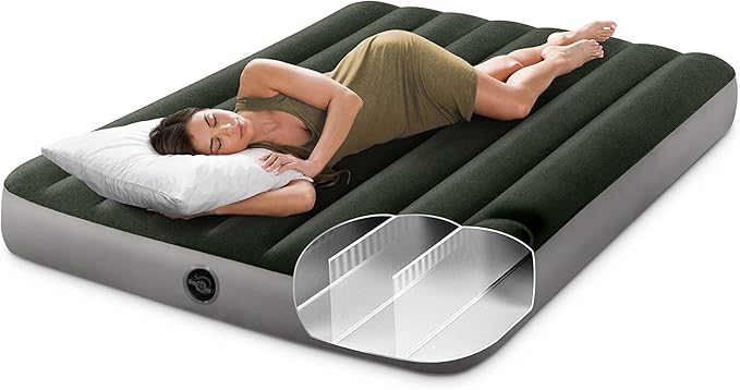 Intex 64778E Dura-Beam Standard Prestige Air Mattress: Fiber-Tech – Full Size – Hand-Held Battery Pump – 10in Bed Height – 600lb Weight Capacity
