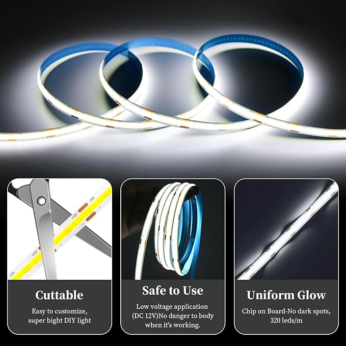 iNextStation COB LED Strip Light White 6000K 32.8FT 10M DC24V CRI 93+ Dimmable Flexible LED Tape Lights for Bedroom, Kitchen, TV Backlight, Cupboard, Wardrobe, Home Lighting Decor