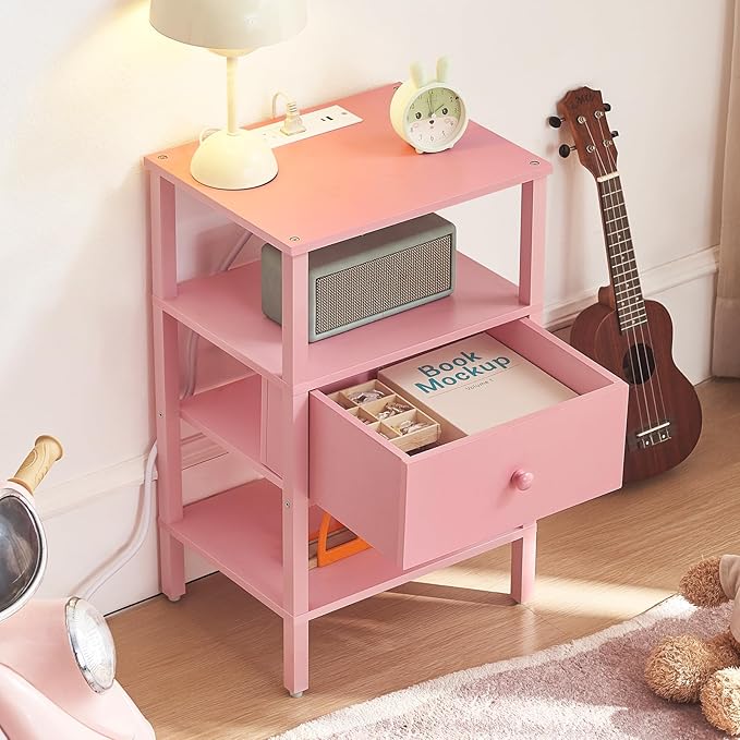 Lerliuo Nightstand Set of 2 with Charging Station and USB Ports, 3-Tier Storage Pink End Table with Drawer Shelf, Night Stand for Small Spaces, Wood Bedside Table for Living Room, Bedroom — Light Pink