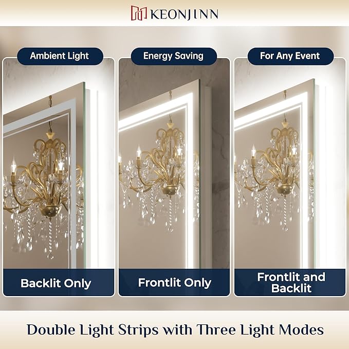 Keonjinn LED Bathroom Mirror 60" x 30" with Frontlit and Backlit, Tempered Glass Stepless 3 Colors Temperature & Dimmable Large Vanity Mirror, UL Listed LED Driver, Double Lights, Anti-Fog Wall Mirror