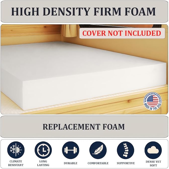 Foamma 1" x 24" x 72" Truck, Camper, RV High Density Foam Bunk Mattress Replacement, Made in USA, Comfortable, Travel Trailer, CertiPUR-US Certified, Cover Not Included