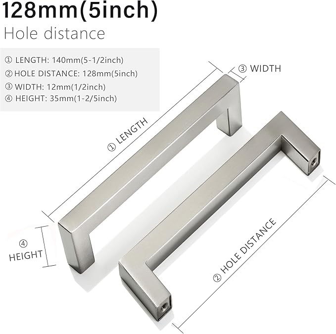 Cabinet Pulls Brushed Nickel Cabinet Handles Square Drawer Pulls, 40 Pack 5 Inch Stainless Steel Kitchen Door Cupboard Cabinet Handles, Cabinet Hardware Drawer Handles, 128mm Hole Centers