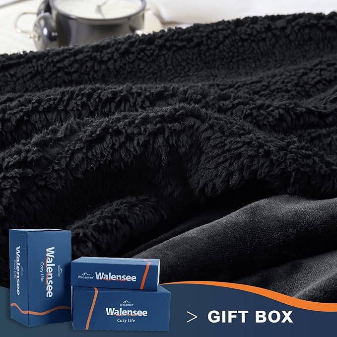 Walensee Sherpa Fleece Blanket (Queen Size 90”x90” Black) Plush Throw Fuzzy Super Soft Reversible Microfiber Flannel Blankets for Couch, Bed, Sofa Ultra Luxurious Warm and Cozy for All Seasons