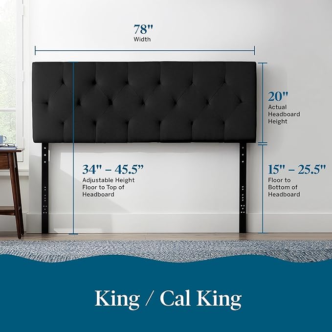 Lucid Mid-Rise Upholstered Headboard - Diamond Tufted - Padded Polyester - Adjustable Height from 34” to 46” - Easy Assembly - Bed Frame or Wall Mount - Sturdy - Black - King / Cal King Size