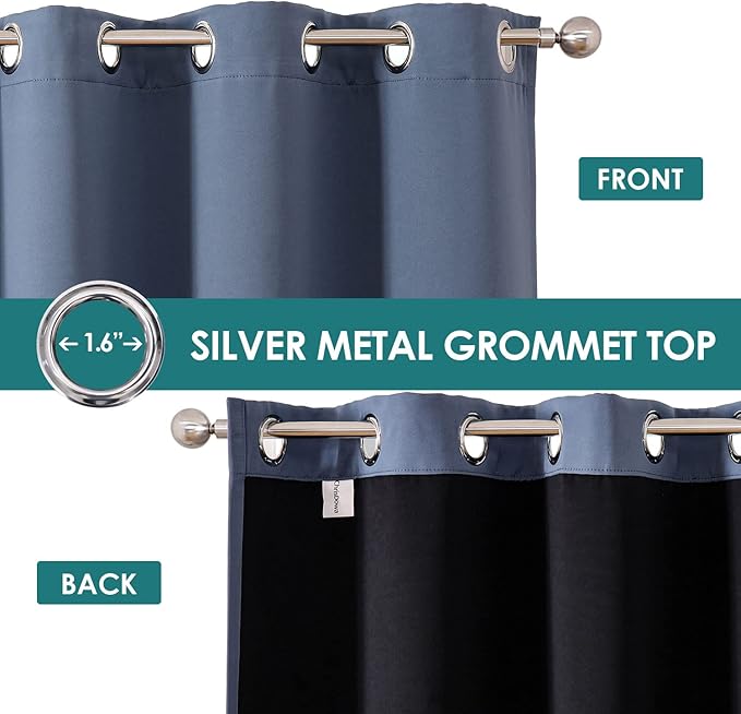 ChrisDowa 100% Blackout Curtains 63 inch Long for Bedroom with Black Liner, Extra Wide 2 Thick Layers Total Blackout Thermal Insulated Grommet Window Curtains 2 Panels Set (Stone Blue, 60 x 63 Inch)
