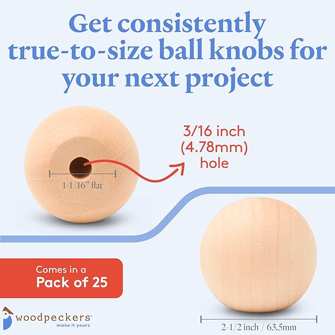 Woodpeckers Unfinished Wood Ball Knobs - 2-1/2 inch for Kitchen Cabinet, Drawer, Dresser and Crafts - Pack of 25