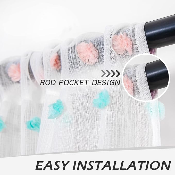 MYSKY HOME Rainbow Pom Pom Curtains for Living Room Light Filtering 84 Inch Long Bedroom Curtains for Nursery Girls Kids Room Rod Pocket Bohemian Voile Window Drapes 52 x 84 inch 2 Panels