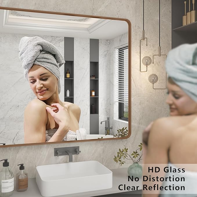 48x40 Gold Bathroom Mirror, Brushed Metal Frame Gold Vanity Mirror, Large Rectangle Mirror for Wall, Rounded Corner, Shatterproof, Anti-Rust (Horizontal/Vertical)