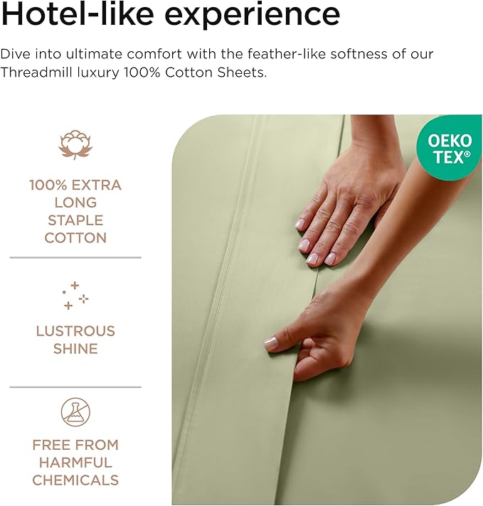 Threadmill Luxury 800 Thread Count Twin 100% Cotton Sheets - Sage Green Bed-Sheets, Sateen Weave Better Than Egyptian Cotton,3 Pc Solid Soft Bedding Set, Fits 15" Deep Pocket