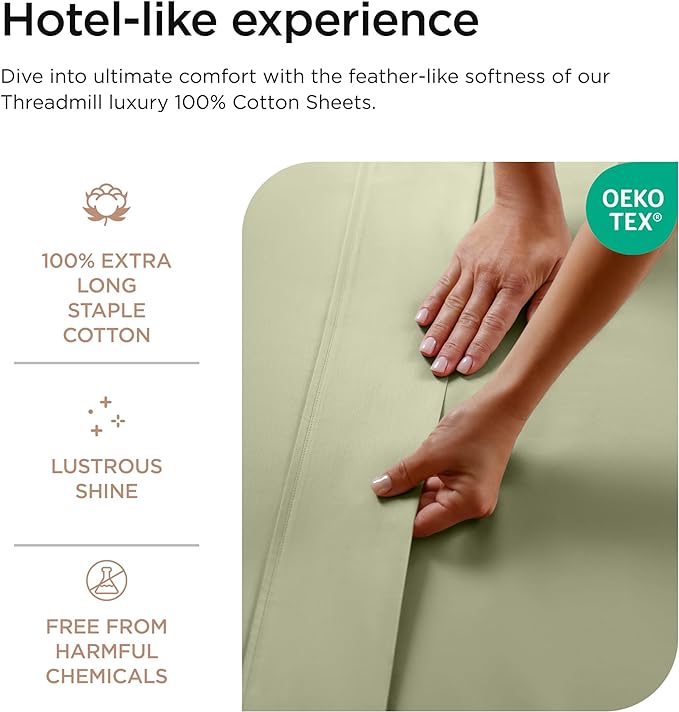 Threadmill 800 Thread Count 100% Cotton Sheets - Luxury Sateen Weave Sage Green Twin XL Bed-Sheets, Better Than Egyptian Cotton,3 Pc Solid Bedding Set, Fits 15" Deep Pocket