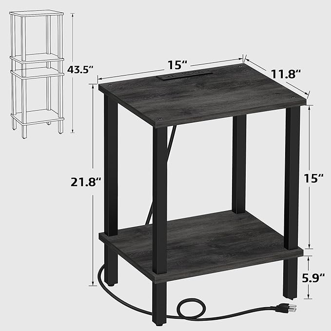 TUTOTAK End Table with Charging Station, Set of 2, Small Side Table, Nightstand Bedside Table, 2-Tier Storage Shelf for Small Space, Living Room, Bedroom Charcoal Grey TB01BY041