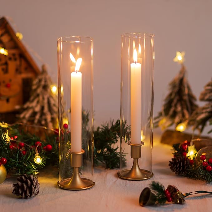 Romadedi Hurricane Candlestick Holders Gold - Taper Candle Holders Tall Clear Glass Cylinder for Wedding Table Centerpieces Party Decor Birthday Christmas Home Decorations Set of 2