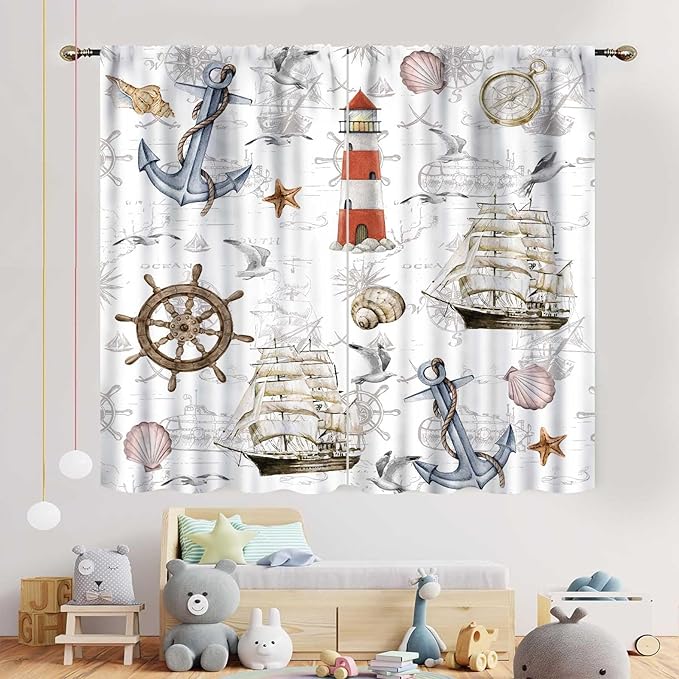 Nautical Kitchen Curtains, Vintage Marine Coastal Sailboat Compass Anchor Ocean Beach Lighthouse Watercolor Decorative Drapes for Bedroom Living Room Kitchen Bathroom Window 2 Panels Set, 63"x72" Inch