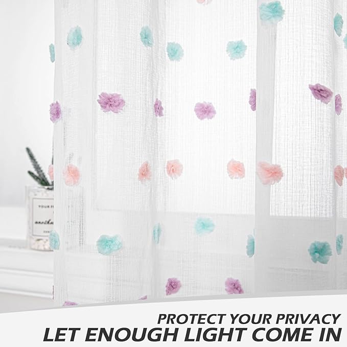 MYSKY HOME Rainbow Pom Pom Curtains Nursery Curtains for Girls Bedroom 63 Inch Length Long Window White Sheer Curtains for Kids Room Rod Pocket Farmhouse Window Drapes 2 Sets 38" x 63"