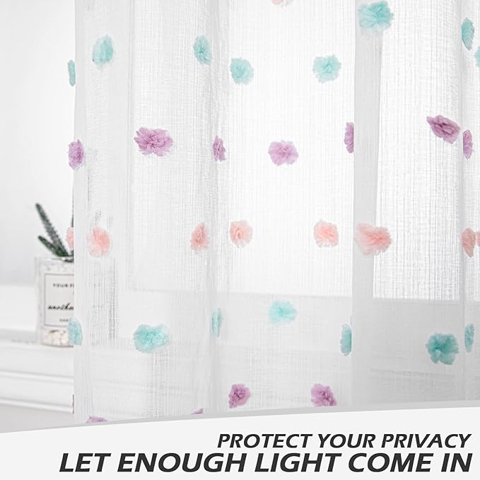 MYSKY HOME Pom Pom Curtains for Girls Bedroom Rainbow Nursery Curains for Boys Kids Room Colorful White Sheer Curtains for Living Room Playroom Rod Pocket Window 52" x 63" Set of 2