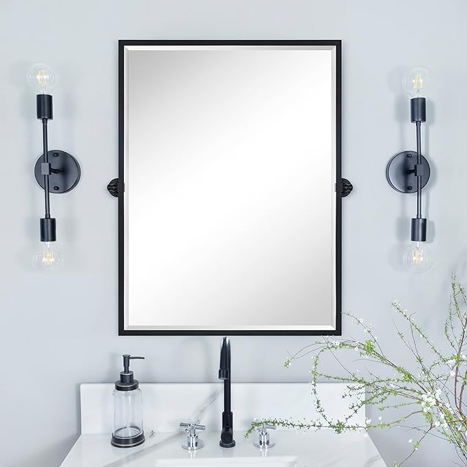 TEHOME Pivot Mirror Matte Black Bathroom Mirror Squared Edge Rectangle Tilting Beveled Vanity Mirrors for Wall, Overall 33.9 x 40 inches (Mirrror 30 x 40 inches)