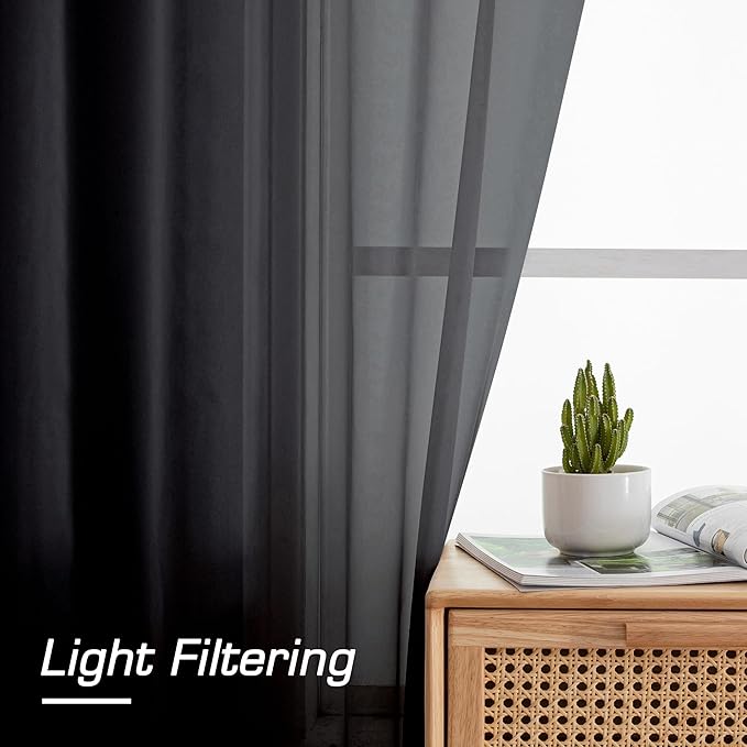 Aiyufeng 2 Pack: Basic Black Sheer Curtain Drapes for Living Room 84 Inch Length 2 Panels, Light Filtering Voile Drapes for Bedroom, Patio, Sliding Door, Each 59" W x 84" L, Black