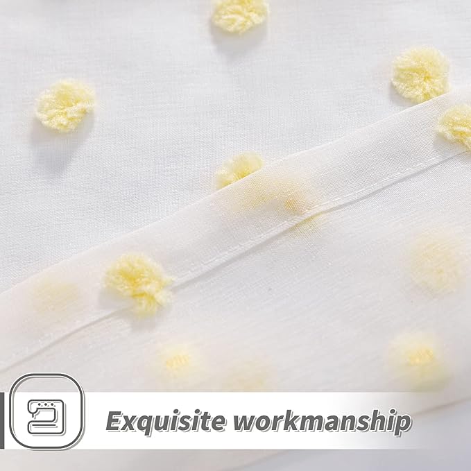 MYSKY HOME 95 Inch Length Long Pom Pom Curtains for Bedroom, Living Room & Sliding Doors - Yellow Sheer, Mustard Backdrop - 52 x 95 in, 2 Panels