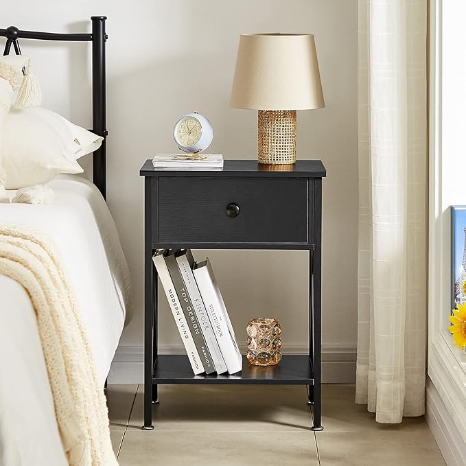VECELO Nightstands, Modern End Side Tables,Night Stand with Drawer &Storage Shelf for Bedroom Living Room Office Lounge, 2, Black
