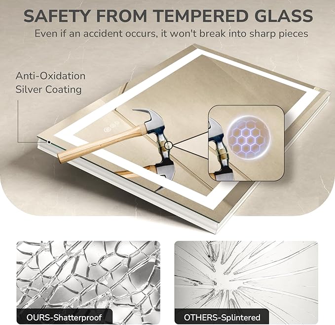 USHOWER LED Bathroom Mirror 72x36 Inch Over Sink - Frameless Tempered Glass LED Backlit Lighted Mirror for Bathroom Vanity with Anti-Fog, 3 Colors Dimmable, Memory Function, Wall-Mounted