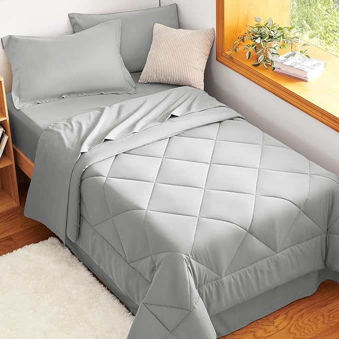 CozyLux Twin Comforter Set with Sheets Light Grey - 5 Pieces Bed in a Bag Twin, All Season Bed Set for Girls and Boys, Bedding Set with Down Alternative Comforter, Sheets, Pillowcase & Sham