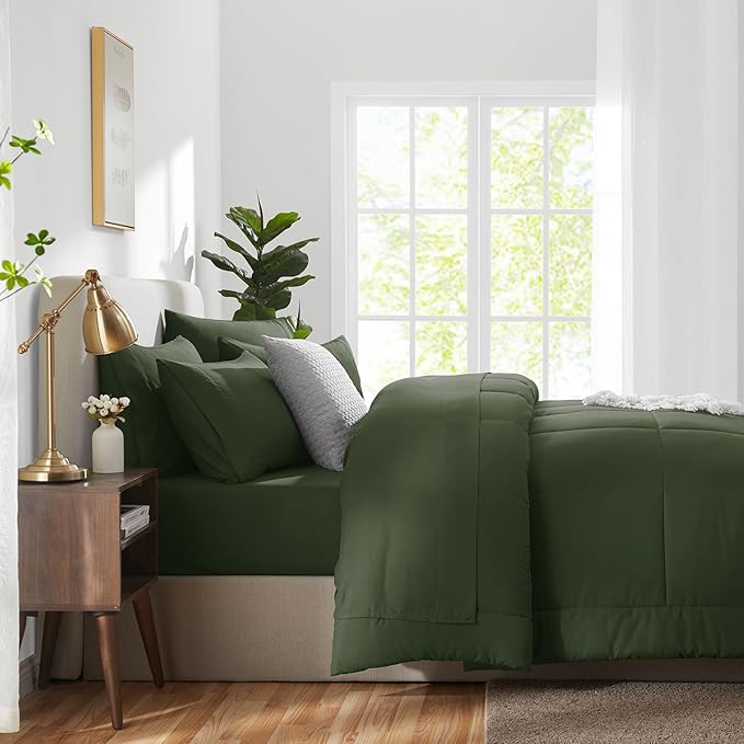 CozyLux King Size Comforter Set Olive Green, 7 Pieces Bed in a Bag, Green Comforter King Size, All Season Bedding Sets with Stitch Quilted Comforter, Flat Sheet, Fitted Sheet, Pillowcases