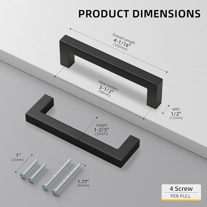 Goldenwarm 10Pack Black Square Bar Cabinet Pull Drawer Handle Stainless Steel Modern Hardware for Kitchen and Bathroom Cabinets Cupboard,Center to Center 3-1/2in (90mm) Square Bar Cabinet Pull