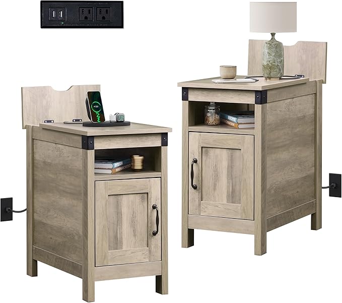 WLIVE Farmhouse End Table Set of 2 with Charging Station, Narrow Side Tables Living Room, Bedroom, Couch with USB Ports and Outlets, Wood Nightstand Sets with Storage, Greige