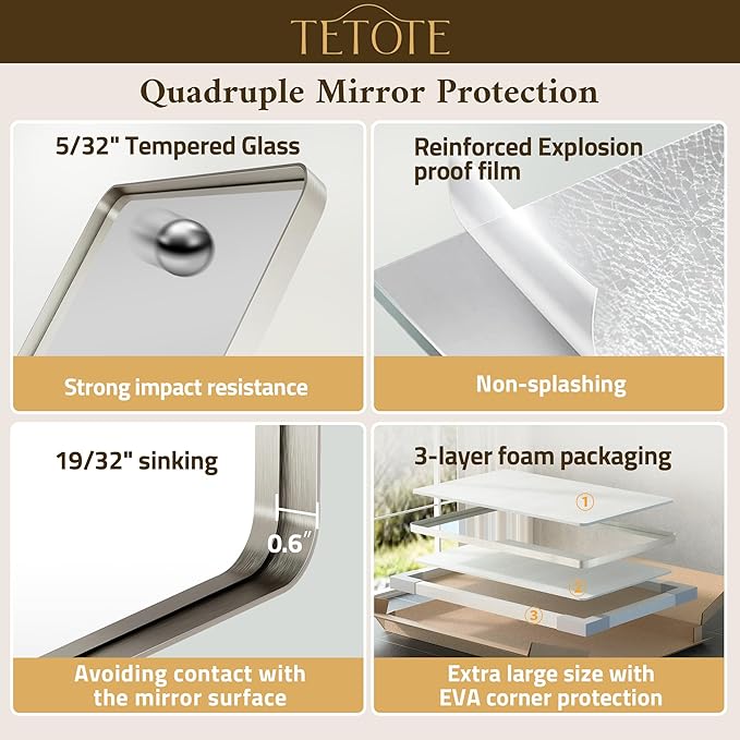 TETOTE 42 x 36 Inch Brushed Nickel Mirror Metal Framed Bathroom Mirror, Tempered Glass, Modern Farmhouse Wall Mounted Mirror for Decorative(Horizontal/Vertical)