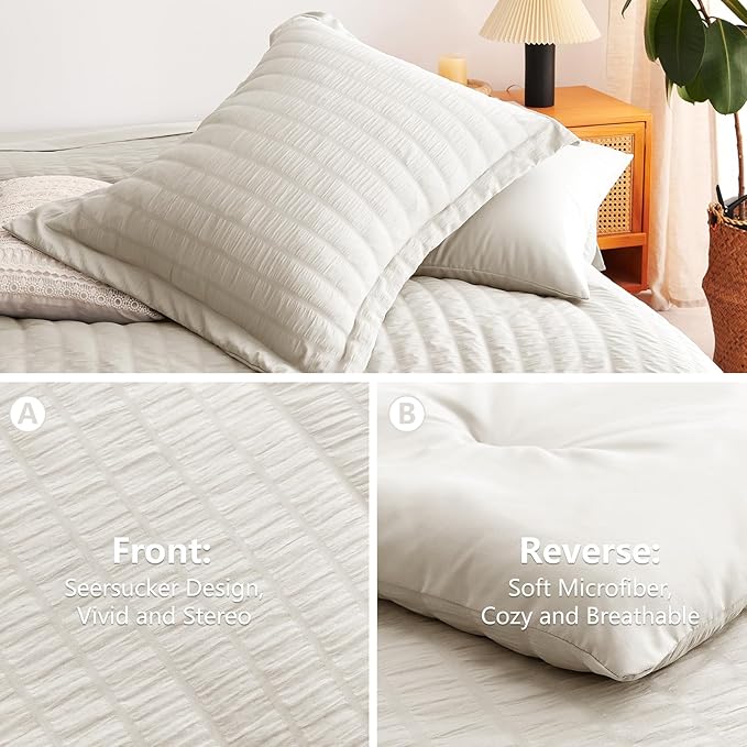 CozyLux Queen Comforter Set Beige Seersucker 7 Pieces Bed in a Bag Queen Comforter Set with Sheets, Luxury Soft Bedding Set with Down Alternative Comforter, Sheets, Pillowcases & Shams for All Seasons