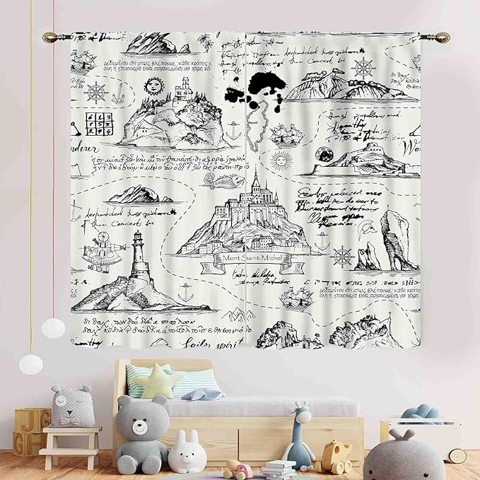 Vintage Nautical Curtains, Marine Coastal Sailboat Compass Anchor Ocean Beach Old Pirate Map Retro Window Drapery Treatments for Bedroom Living Room Kitchen Bathroom 2 Panels, 63"x63" Inch