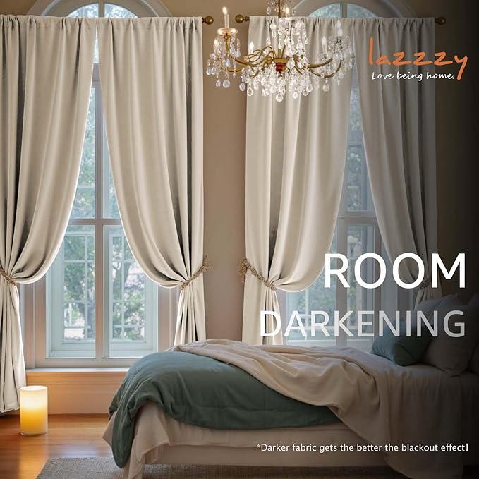 Lazzzy Velvet Blackout Curtains Thermal Insulated Room Window Drapes Super Soft Luxury Curtains for Living Room Bedroom Rod Pocket 2 Panels, Beige, 62" W x 120" L