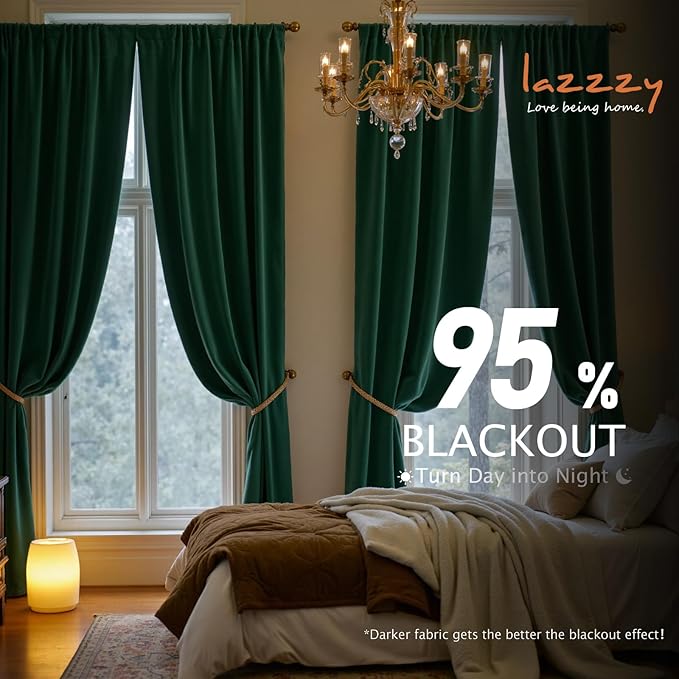 Lazzzy Velvet Blackout Curtains Thermal Insulated Room Window Drapes Super Soft Luxury Curtains for Living Room Bedroom Rod Pocket 2 Panels, Emerald Green, 52" W x 120" L