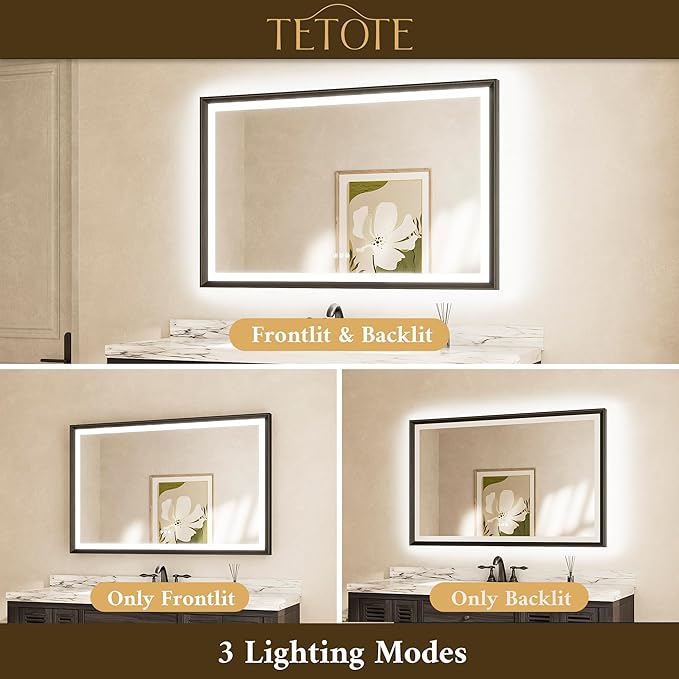 TETOTE 60x40 LED Bathroom Mirror with Lights Black Frame Frontlit & Backlit Lighted Vanity Mirror Baroque Anti Fog Dimmable White/Warm/Natural,CRI90+,Waterproof,Wall Mounted(Horizontal/Vertical)