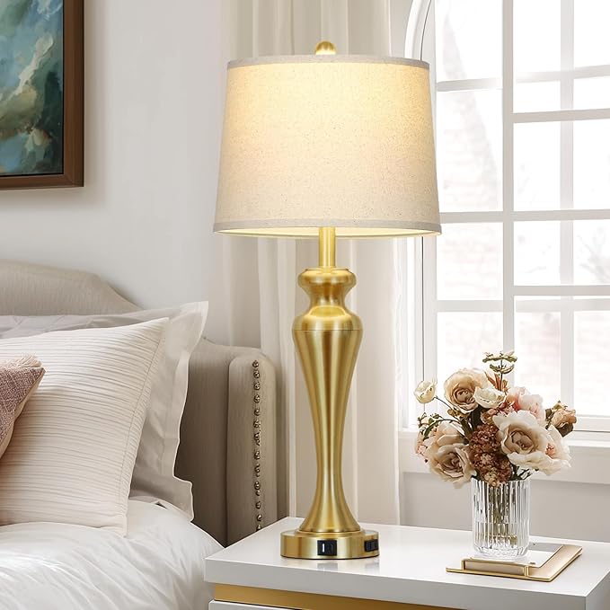 30" Gold Tall Table Lamps for Living Room, Touch Control Bedroom Lamp with USB A+C Ports and AC Outlet, 3-Way Dimmable Bedside Table Lamps Set of 2, Modern Metal Lamp for Nightstand