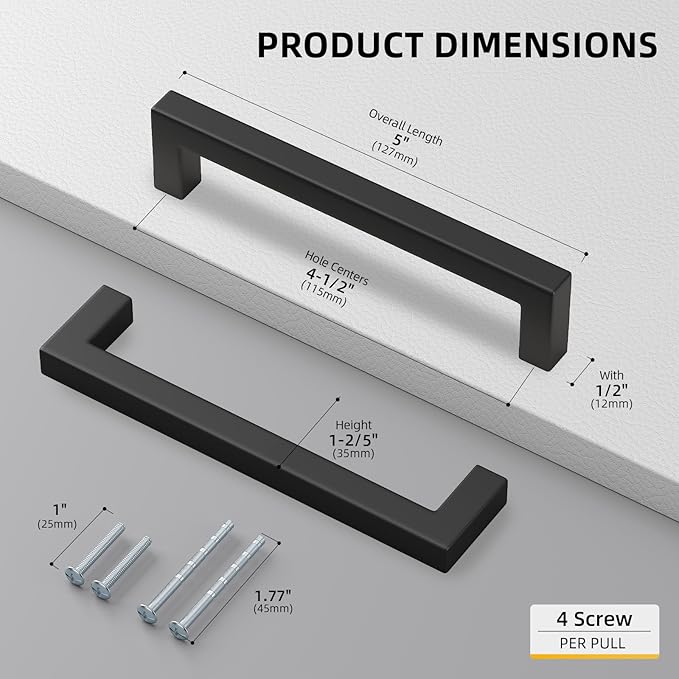 goldenwarm 60 Pack 4-1/2 Inch Black Cabinet Handles Matte Black Drawer Pulls Stainless Steel Cabinets Hardware Square Bar Modern for Kitchen Bathroom Cupboard