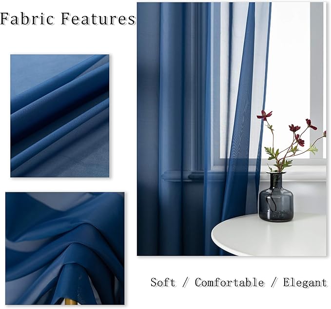 DUALIFE 45 Inches Navy Short Curtains for Bathroom Set of 2 Panels Grommet Semi Voile Drapes Navy Blue Sheer Curtains for Boys Room Kids Bedroom Small Windows 52 x 45 Inch Indigo Blue