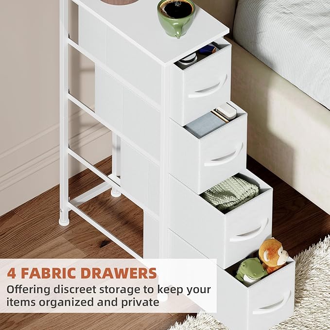 Somdot Narrow Dresser with 4 Drawers, Slim Storage Organizer Chest of Drawers with Removable Fabric Drawers for Small Spaces Bathroom Closet Bedroom Laundry, White Leather