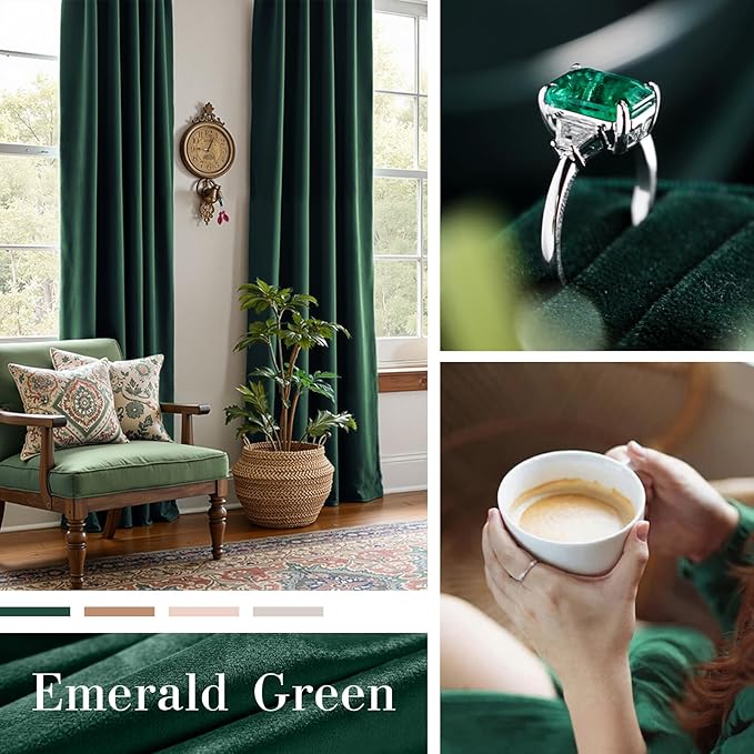 Lazzzy Velvet Blackout Curtains Thermal Insulated Room Window Drapes Super Soft Luxury Curtains for Living Room Bedroom Rod Pocket 2 Panels, Emerald Green, 42" W x 120" L