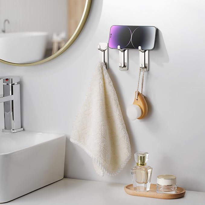 pickpiff Wall Hooks for Coat and Towel: 13LB Adhesive Door Hanger Stick on, Brushed Nickel