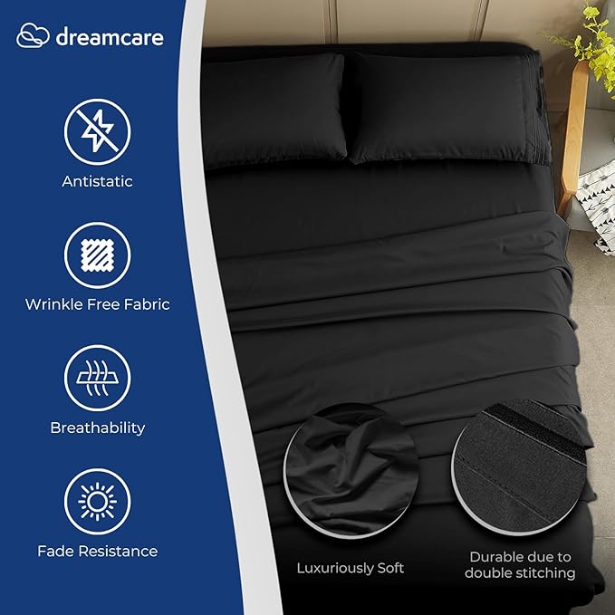 DREAMCARE Full Size Sheets - Cooling Bed Sheets - 4pcs Set - up to 15" Deep Pocket Full Sheet Set - Sheets Full Size Bed - Soft & Long Lasting 100% Fine Brushed Polyester with Side Pocket - Black