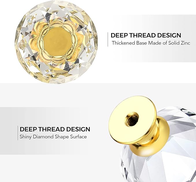Ravinte 25 Pack Crystal Drawer Knobs - Glass Cabinet Knobs, Diamond Shaped, 30 mm with Gold Base
