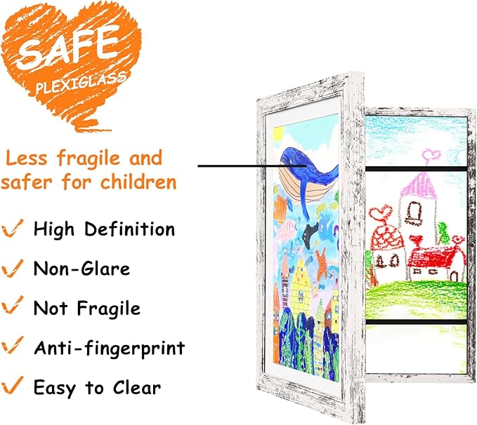 KINLINK 10x12.5 Kids Art Frames Set of 2, Solid Wood Kids Artwork Frames Changeable with Acrylic Front Opening Holds 150 Pictures, Art Frame for Kids Artwork with Mat or without Mat, Rustic White