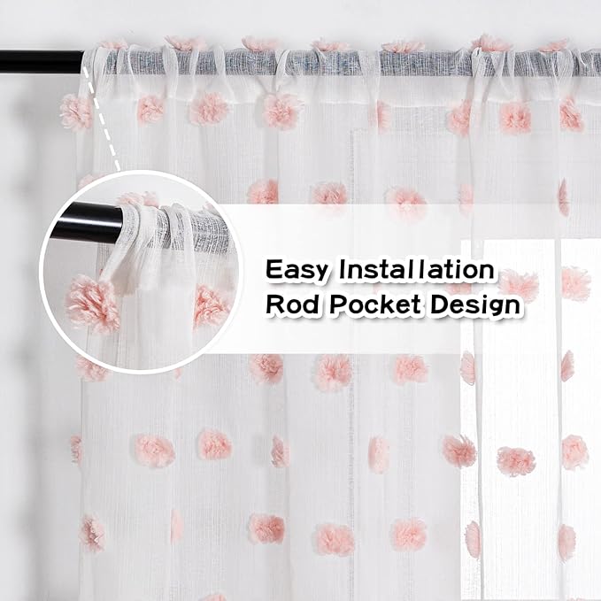 MYSKY HOME Small Window Curtains for Bathroom Kitchen 45 Inches Long Pink Pom Pom White Sheer Curtains Nursery Bedroom Girls Kids Room Rod Pocket 2 Panels Boho Cafe Window Drapes Blush 52" x 45"