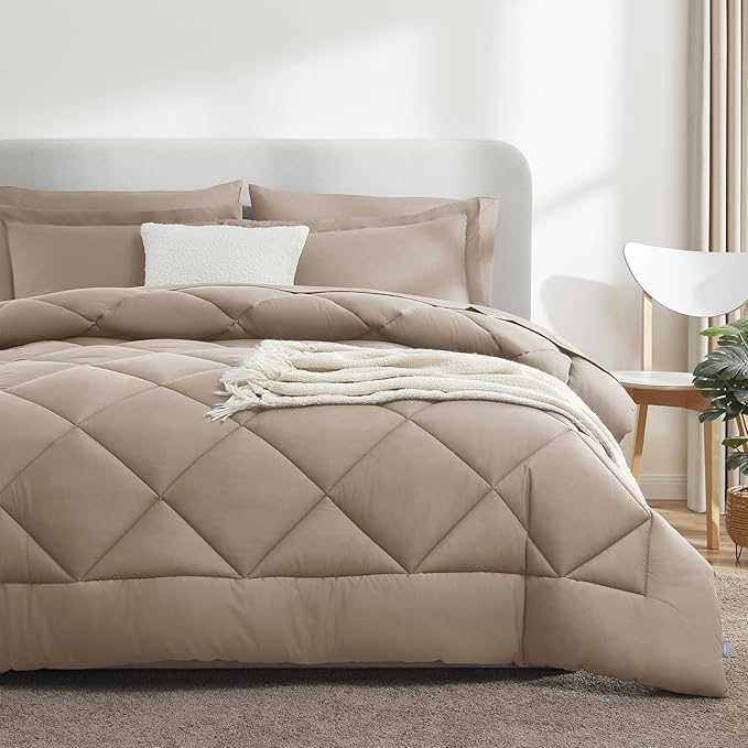 CozyLux King Size Comforter Set Khaki - 7 Pieces Bed in a Bag King, Luxury Soft Bed Set for All Seasons, Bedding Set with Down Alternative Comforter, Sheets, Pillowcases & Shams