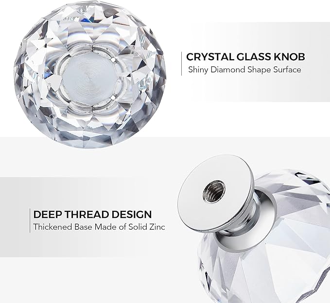 Ravinte 30 Pack Crystal Drawer Knobs - Glass Cabinet Knobs, Diamond Shaped, 30 mm, Silver Base
