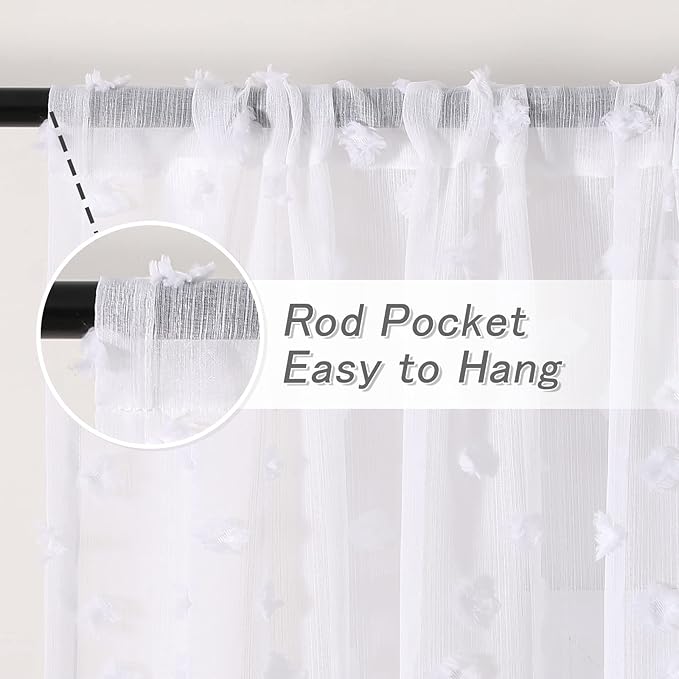 MYSKY HOME Pom Pom White Sheer Curtains for Bedroom Girls Room Curtains 108 Inches Long for Nursery Kids Light Filtering Boho Window Drapes, Rod Pocket, 38" Wide, 2 Panels